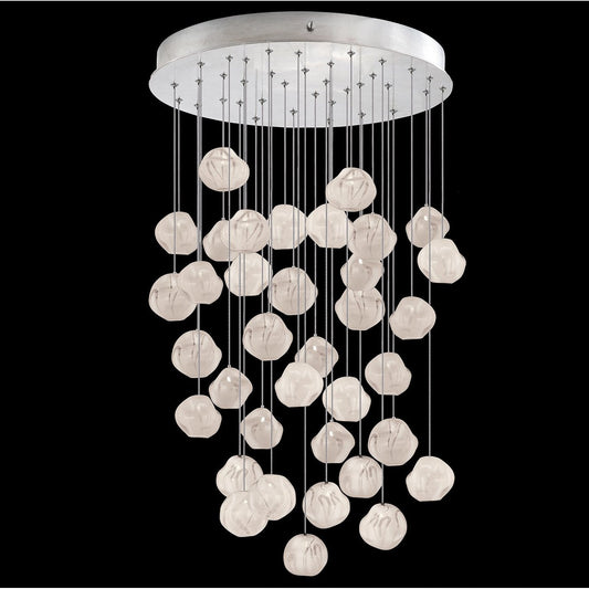 34-Inch Hand-Blown Glass Round Pendant / Silver / White
